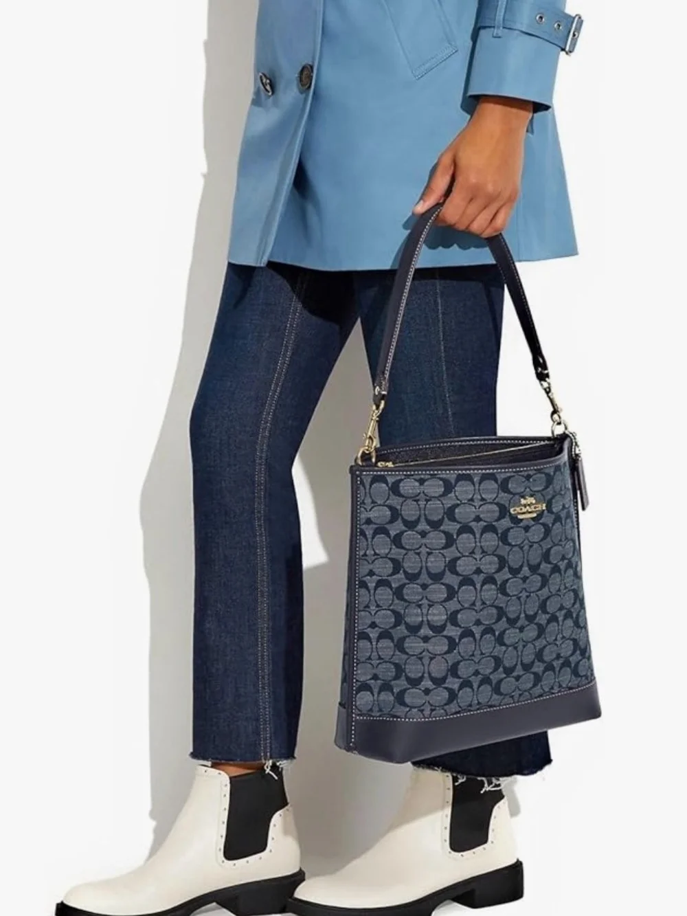 Coach Navy Signature Molli Bucket Shoulder Bag with Gold Hardware